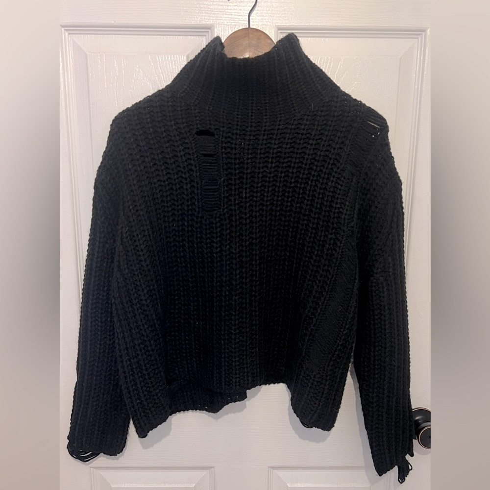 PPLA Women’s Black Chunky Knit Distressed Detail Turtleneck Fonda Sweater